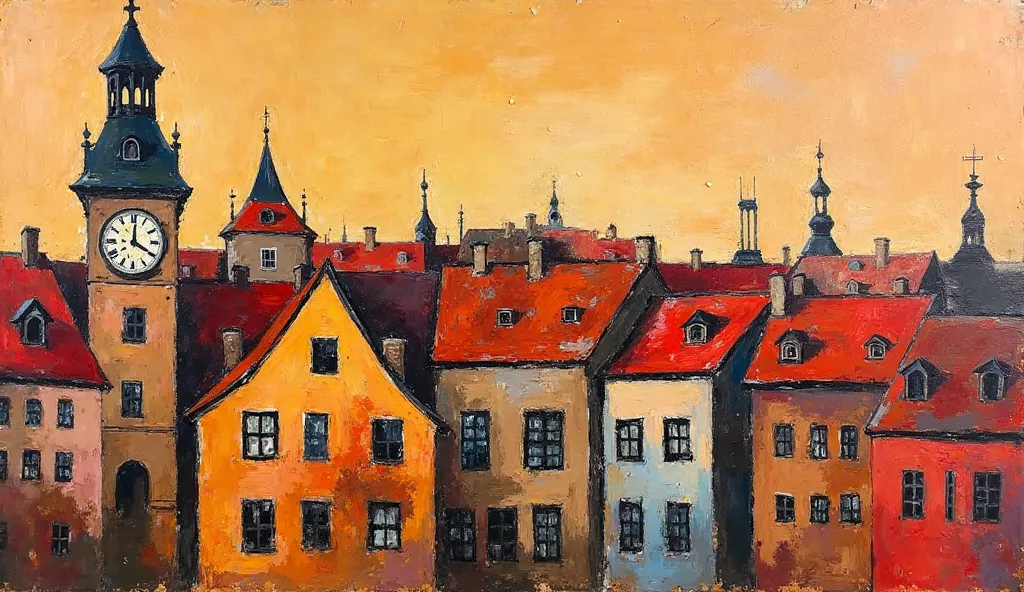 Image is a painting with an expressionist style, featuring a cityscape with a focus on architectural elements. The layout is horizontal, showcasing a cluster of buildings with red roofs and a prominent clock tower on the left. The buildings are depicted wi...