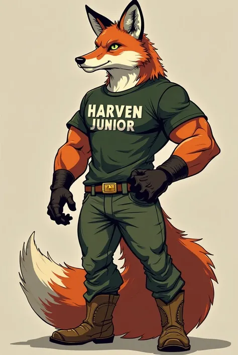 Create an extremely imposing and powerful fox, representing Harven Junior, a junior agribusiness consulting firm. The fox must have a wild and robust posture, with well-defined muscles and a presence that exudes strength,  wisdom and energy . is clearly wr...