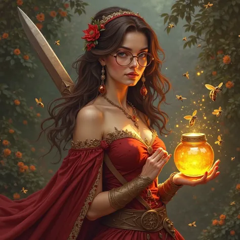 Medieval epic image of a brunette female warrior with red highlights in her hair, with glasses. Incorporates little bees flying around her as well as a luminous honey pot in her left hand and a sword in her right hand. Vêtue  d’une robe de soirée rouge et ...