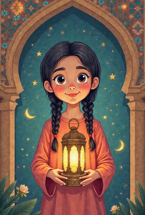 Cartoon of 7 yrs old black haired islamic girl named Dareen holding "Ramadan lantern" wiyh islamic background and ramadan lights