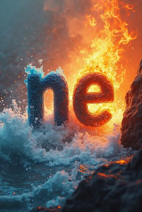 Two letters NE in a background of fire and water 