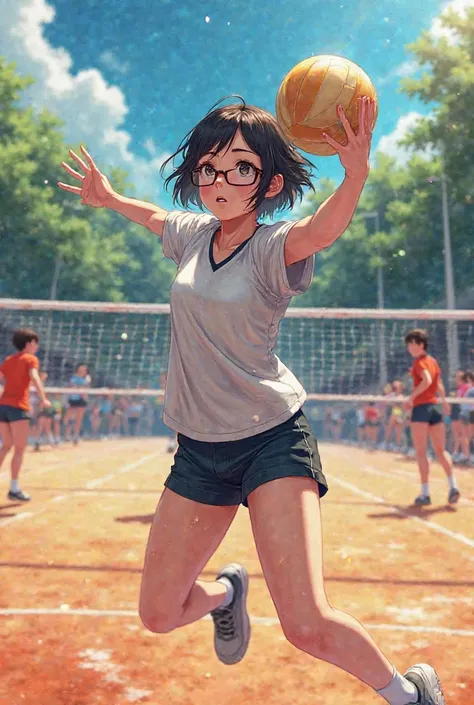 Girl with short black hair with glasses playing volleyball 