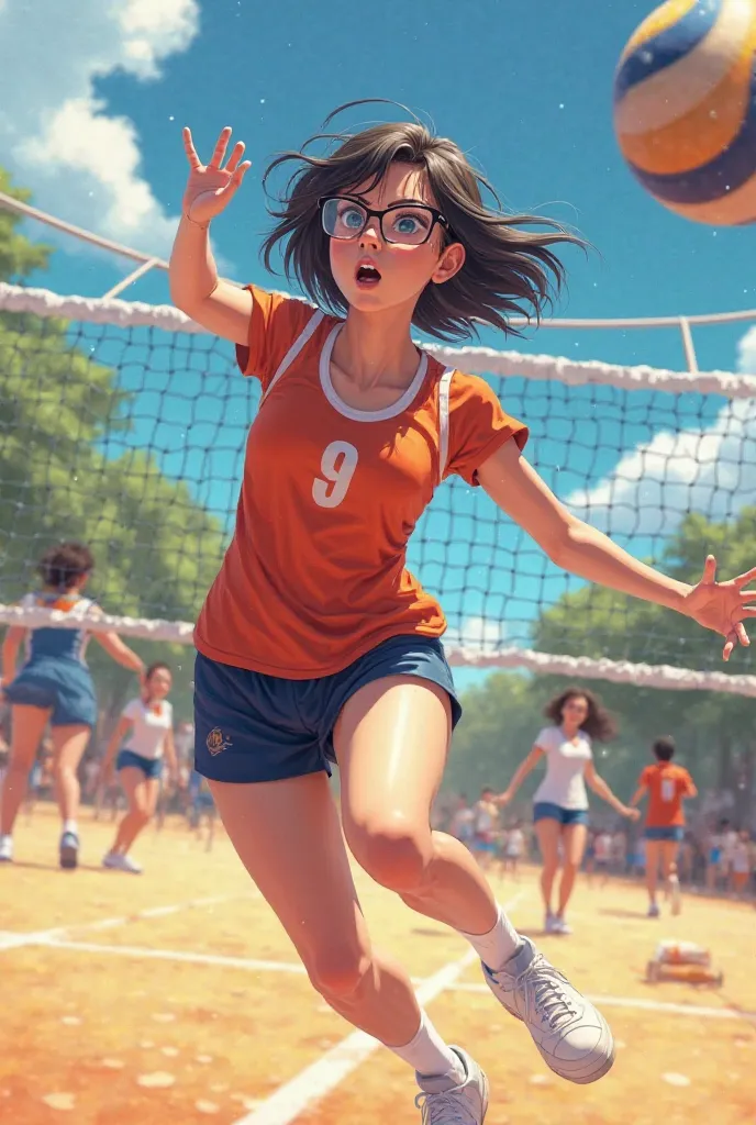 Girl with short black hair with glasses playing volleyball 