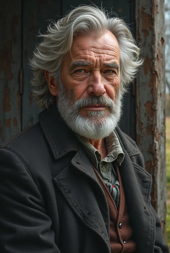 portrait of [a very handsome 60-year-old man who lives in a farm and tells horror stories], Showing all his head and shoulders.