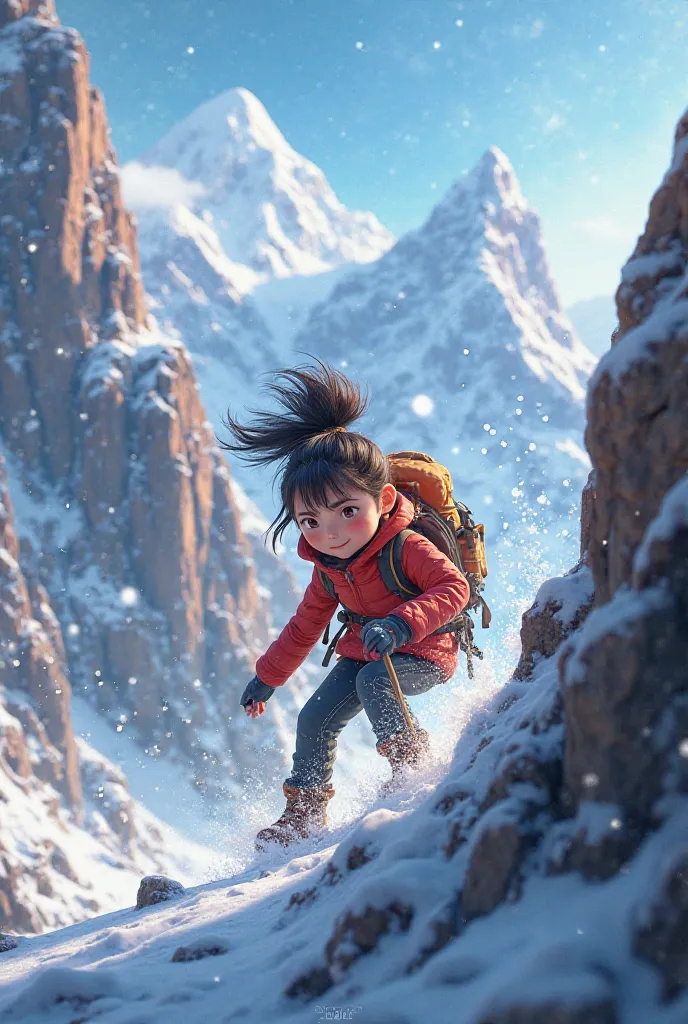 Girl with a ponytail climbing a mountain