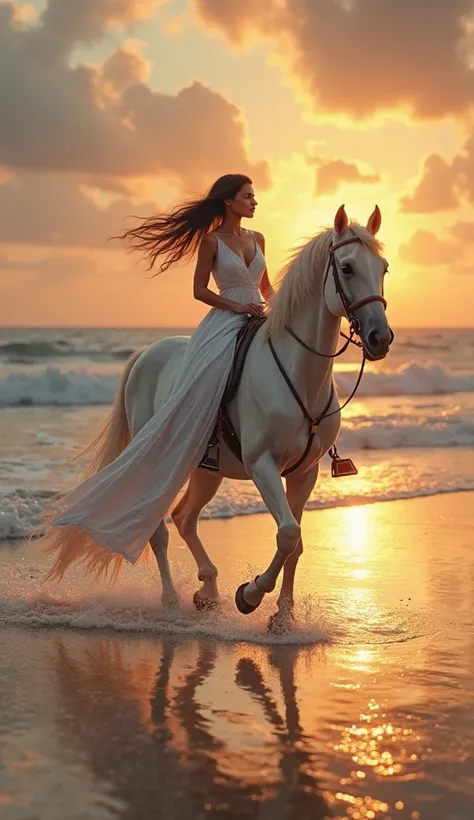 Feminine horse rider ln the beach 
Beautiful sunset ocean waves beach
Feminine rider with white dress long dark hair riding along the beach 
Mystery evening hyperdetailled atmosphere 