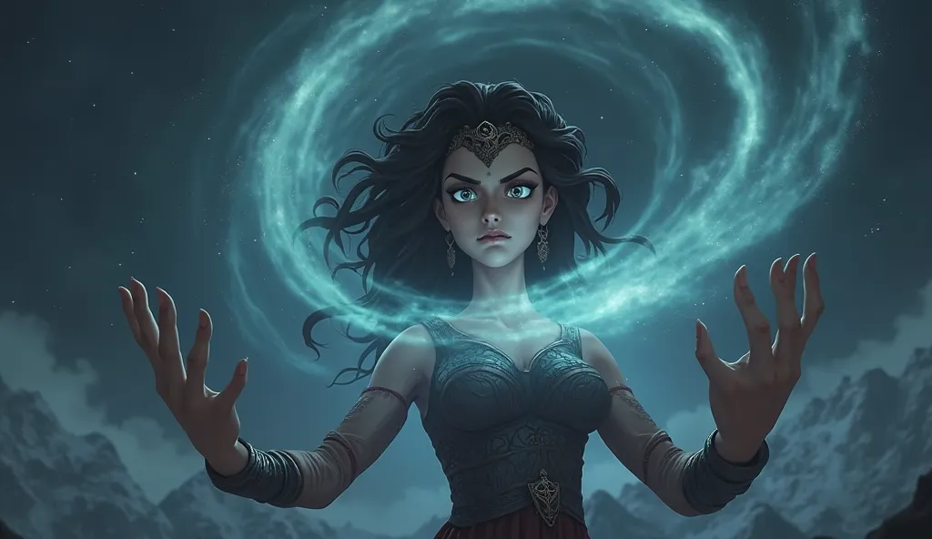 A 3D animated swirling vortex of dark magic over Mount Olympus. Hera, with an evil smirk, extends her hands, summoning a ghostly mist that descends towards the mortal world. Her eyes glow eerily, her pupils almost disappearing into the supernatural energy ...