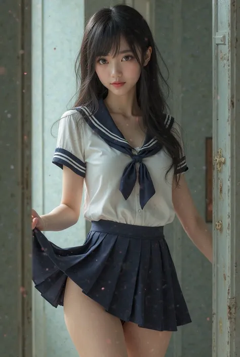 Beautiful Asian schoolgirl with mini skirt that pulls her up. Underneath she has nothing about