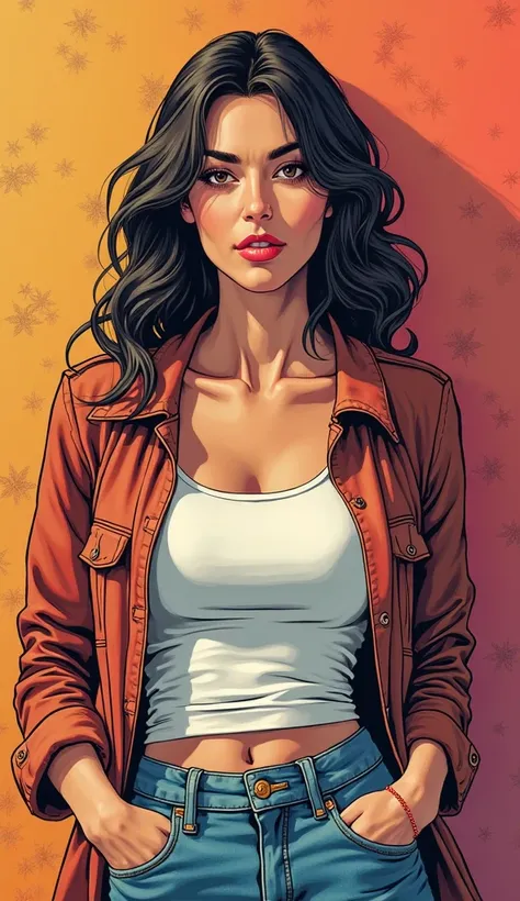 DISCREET image. with discreet casual clothes. image adult woman, american, just comic book style. with a neutral face. IMAGES WITH VIBRANT COLORS.focus on face. WOMAN COMIC BOOK STYLE. background colorful