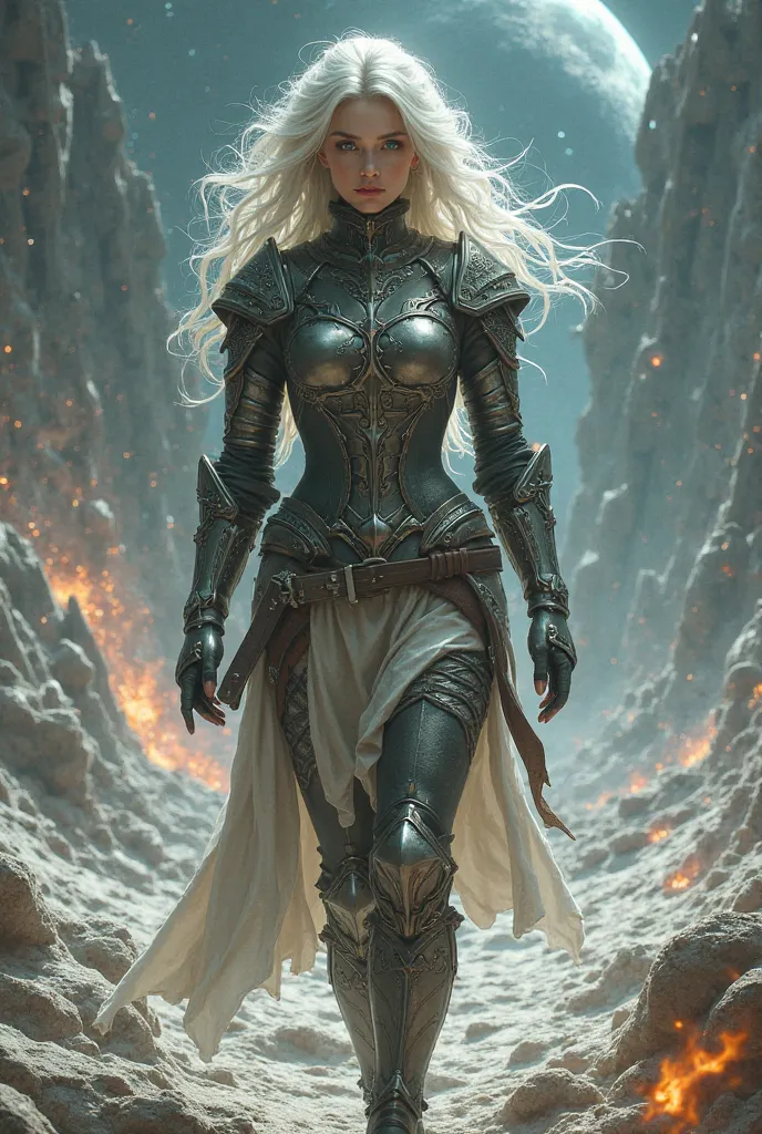 a 25 year old woman with white hair, green eyes, fair skin, wearing sexy medieval armor, walking across the moon, with several destroyed ships around her, flames, ultra realistic