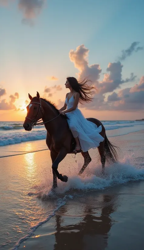 Feminine horse rider ln the beach 
Beautiful sunset blue ocean waves beach
Feminine rider with white dress long dark hair riding fast along the beach 
evening hyperdetailled atmosphere 
Beautiful sunset blue clouds 