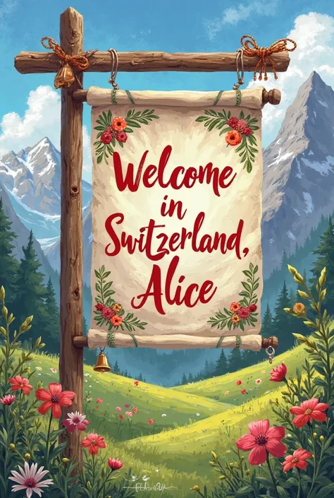 A banner that says, "Welcome in Switzerland, Alice" in vivid colors 