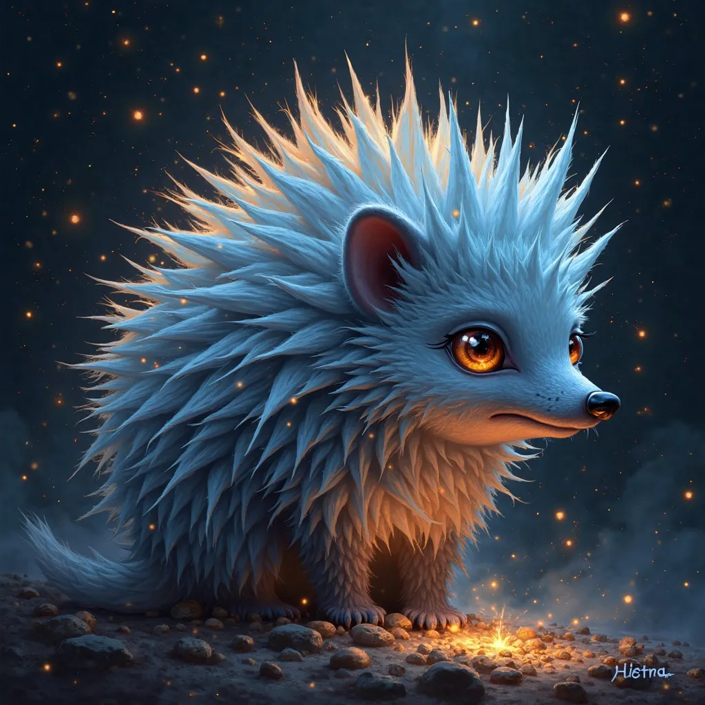 Fantastic creature 'astra' (aster and hedgehog hybrid) with sharp glowing spines and petals, emitting a soft inner golden blue light. Detailed texture of fur and petals, magical aura around, background — a deep black abyss with twinkling stars.  style: dig...