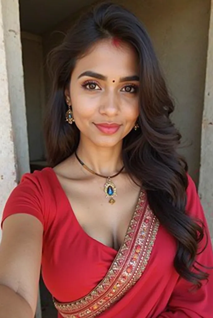 20 years old Cute indian girl taking selfie , Big boobs , cleavage , red saree