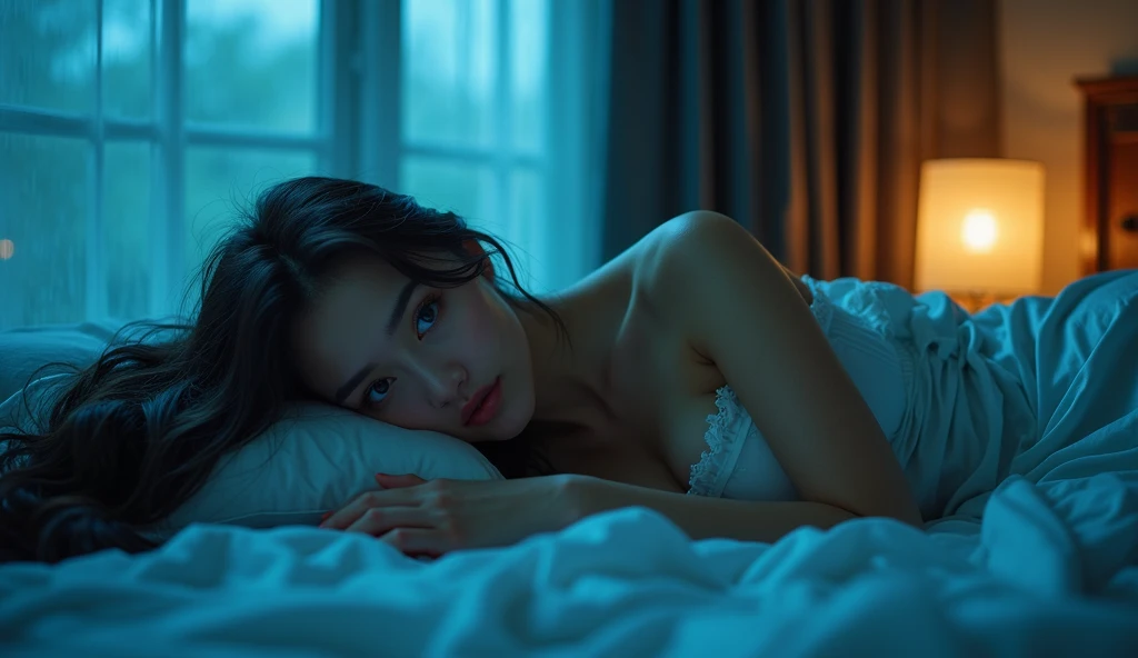 A breathtaking 33-year-old woman, Huyền Anh, lying on a hotel bed in Nha Trang under dim moonlight streaming through curtains. Her long, glossy black hair spreads across the pillow, her white skin contrasts with a thin silk nightgown slipping off one shoul...