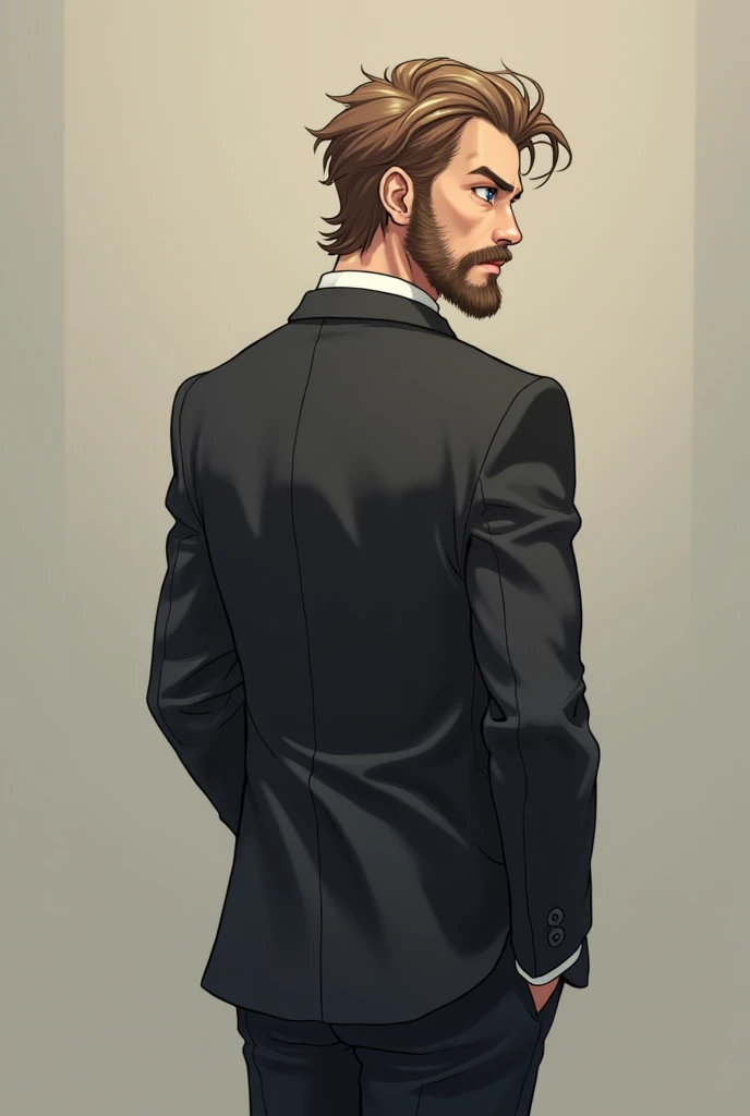  Make a male anime character, Middle-aged,  Light brown,  turning her back ,  and who is full bodied , that is thin, Go with a suit, Have a slightly long beard and medium and Chinese hair