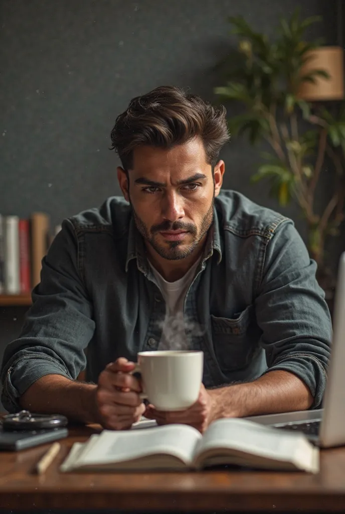 A young sweating man seating on a chair with a set table with laptop, open book on the table and a coffee drink on the table 