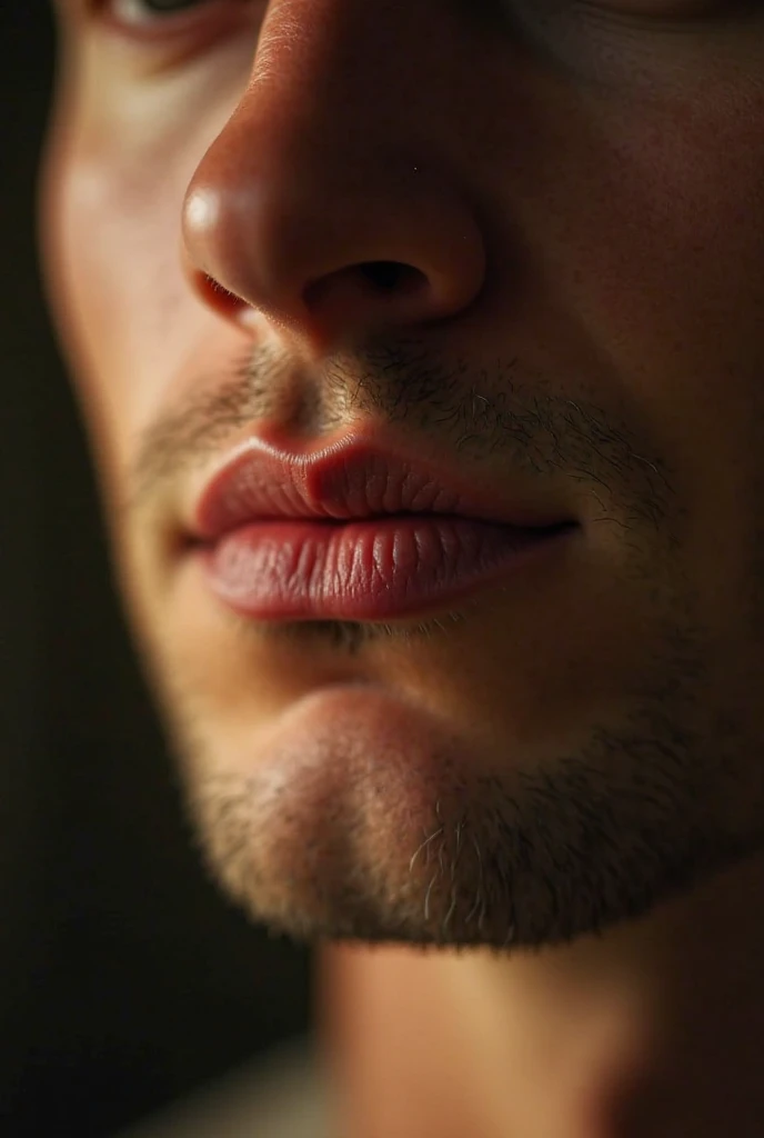 Closeup of male jawline and lips， lips， bokeh ，The light and shadow gently hits the face，Suggests a gentle smile，The tone is warm and intimate，details highlight masculine charm，Suitable for attracting mature women，The overall atmosphere is low-key and allu...