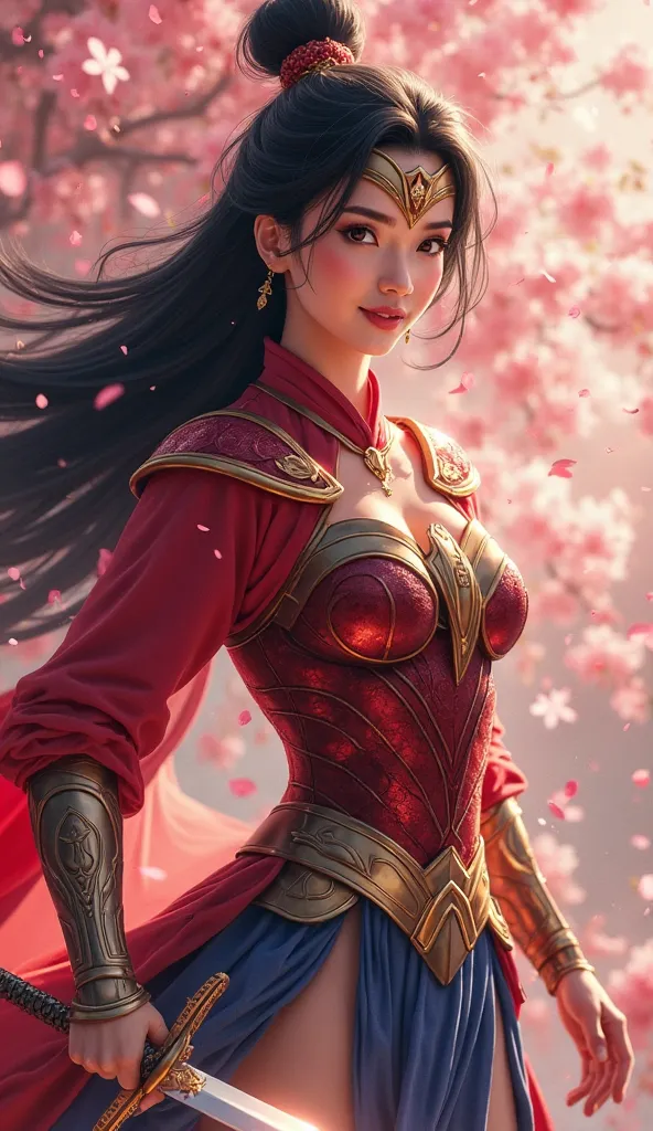 Mulan's armor now bears the mark of Wonder Woman, her sword glowing with divine energy.    She moves in a magnificent warrior style, like a king with beautiful surroundings all around.   Cherry blossom petals fall around them, strong muscular"A very ultra ...