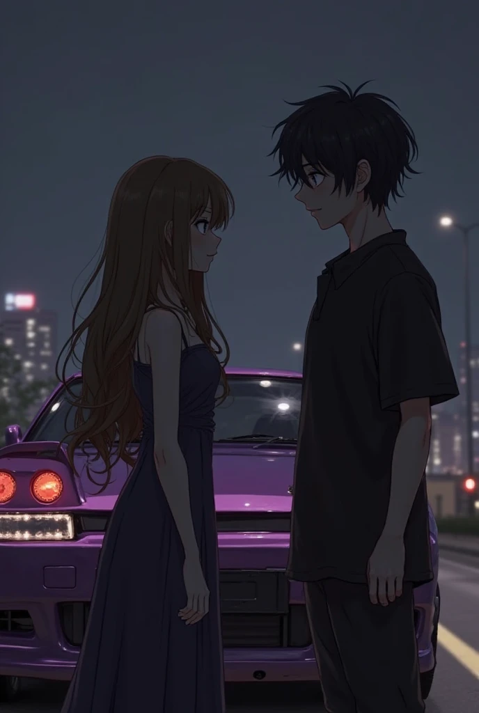 generate a dark purple nissan skyline in the dark with a girl with long, brown hair in a long, dark, tight dress, standing sideways, facing a taller boy with black hair and a black shirt, so that their faces cannot be seen. looking real