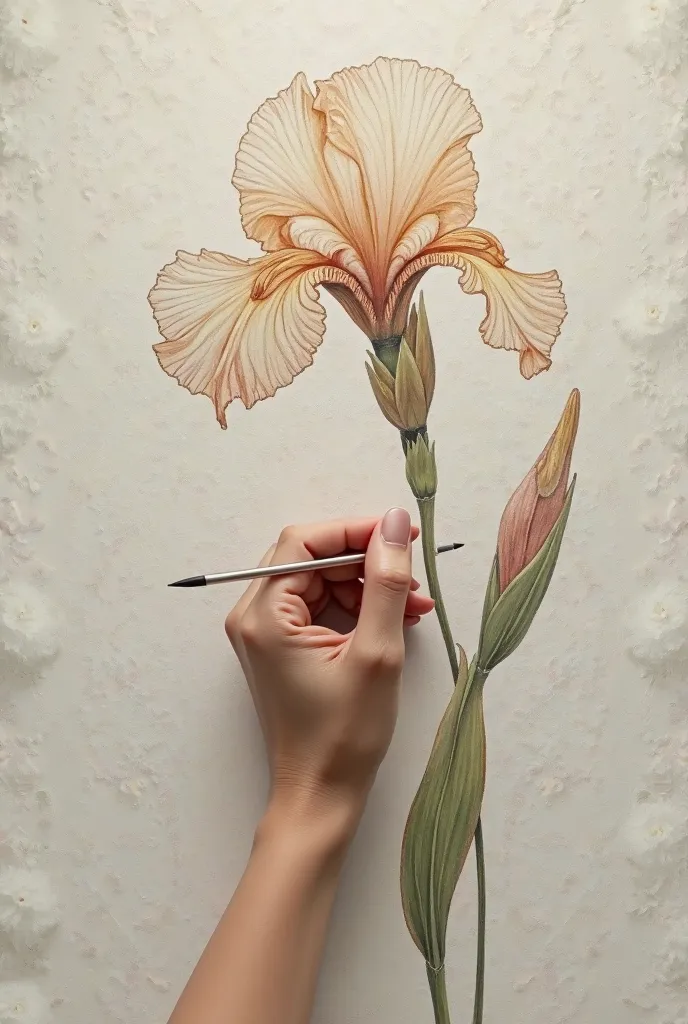 A realistic delicate hand of a woman drawing a delicate iris flower on a stem. 