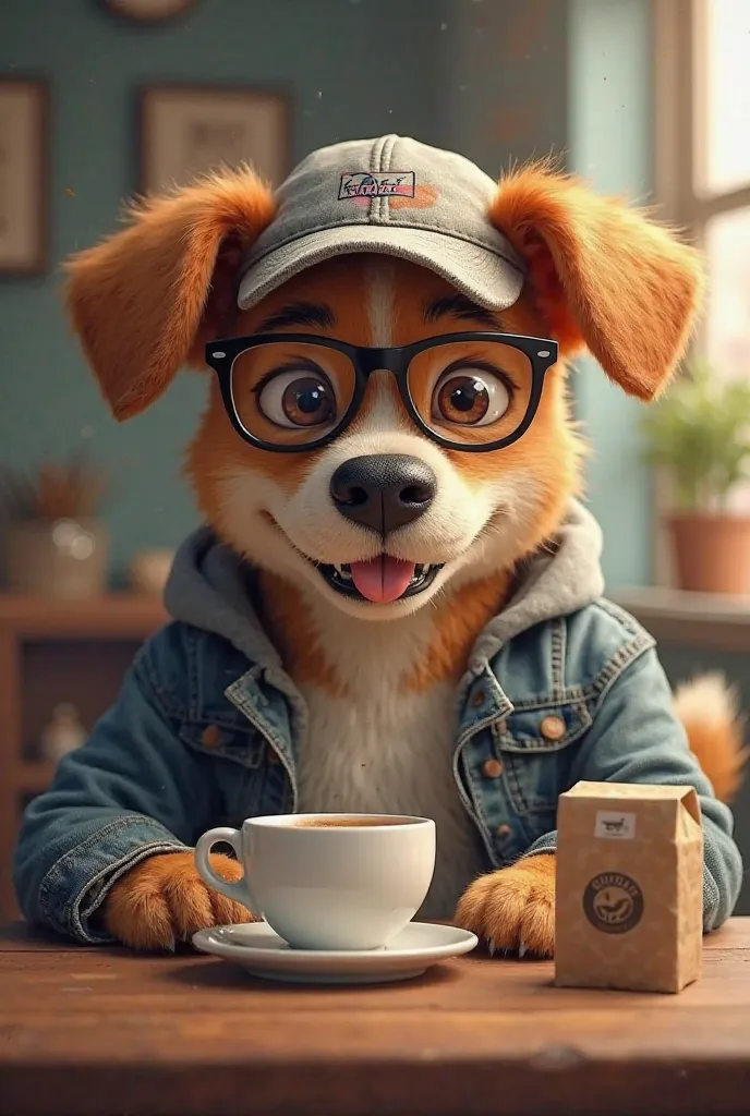 Create an anthropomorphic dog dressed in shorts and a t-shirt with glasses looking at the screen with a cup of coffee not a hand with a pack of coffee on the table