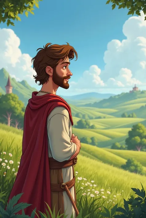 SCENARIO: A peaceful land called, with a serene view of green fields and clear skies.
Main character: John, a just and God-fearing man, living with his family and riches.  in the form of a Disney cartoon

