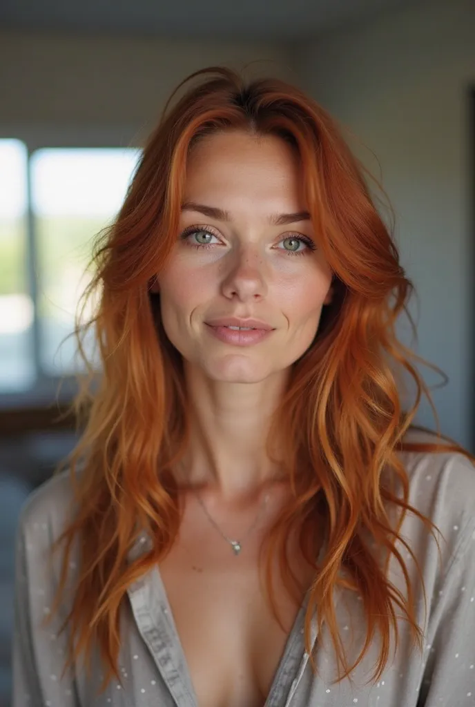 A red-haired Brazilian woman in a gray room with a window behind, wearing a shirt with a close up capturing the harmonious beauty between your eyes, showing her natural charm and outgoing personality.
