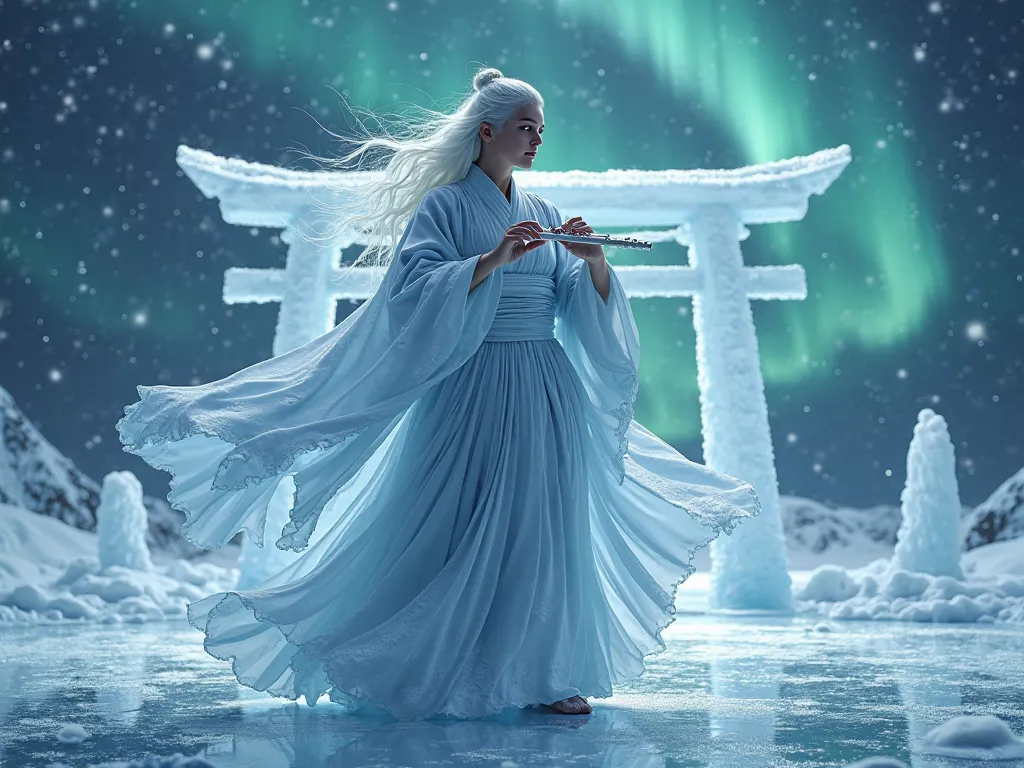 At the center of a mystical stage, it stands out with a firm and imposing posture, surrounded by a backdrop of supernatural and hyper-realistic beauty. His grey-blue kimono moves with a light invisible breeze, reflecting the light of the Northern Lights th...