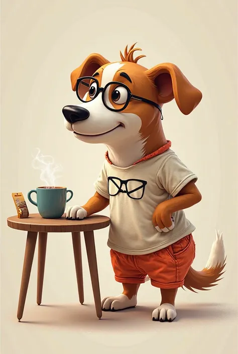 Create a dog dressed in shorts and eyeglass t-shirt looking at the screen with a cup of coffee not hand with a coffee pack on the table