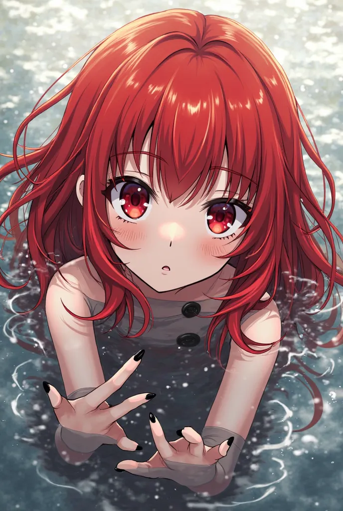 Make a character in the style of Boku no Hero with the following categories: Red hair that floats as if it were in the water in a Boku no Hero scenario with the ends of the hair disappearing, albino skin and white eyelashes, red eyes, black nails and hands...