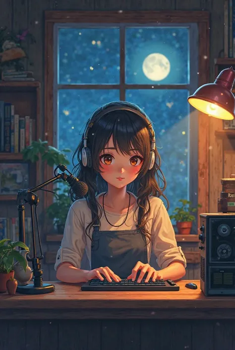 Ghibli style female radio DJ cute midnight