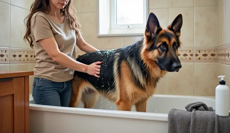 A large German Shepherd stands in a white bathtub, its thick fur soaked and dripping water. The dog’s ears are perked up, and its deep brown eyes gaze forward with a mix of discomfort and resignation. Droplets of water slide down its wet coat, making the b...