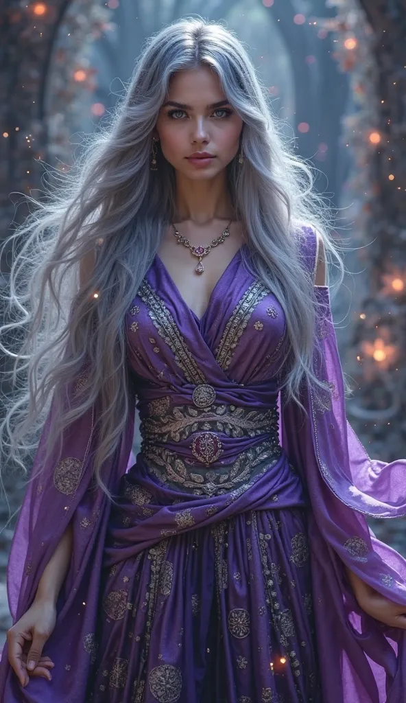 An enchanting young woman dressed in a luxurious silk wizard outfit that flows gracefully around her. Her outfit is a shimmering blend of deep purples and silvers, adorned with intricate magical symbols that glow faintly. Her long, flowing hair cascades ar...