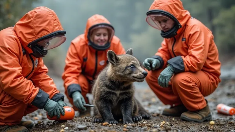 A group of dedicated wildlife rescuers in protective suits approach the cub carefully. One of them holds a smoke canister to drive away the bees, while another prepares a special tool to remove barnacles from the cub’s fur.