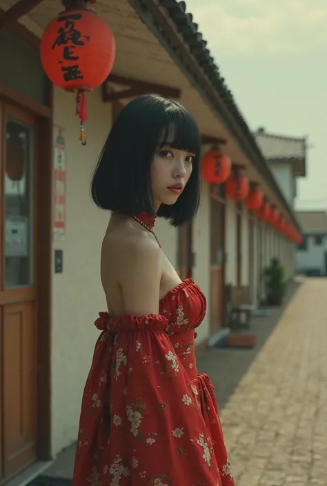 editorial photography,  Super Detailed Backgrounds  , super real, Shade,bitches line up in front of the motel, perfect anatomy、Goddess Amenouzumenomikoto 、full body、 Cool Beauty Ultra Slim Skinny Video , Soft Focus Sepia Tone ,movie scene,It was transparen...