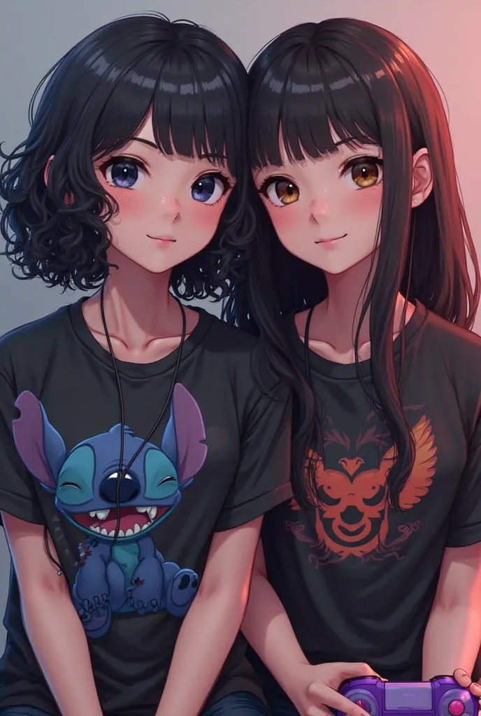 Two free fire gamer style s together side by side, one has medium size curly hair with a black color, this one has a Stitch earphone around her neck and she is wearing a Stitch. The other one has long straight hair and a black color, t-shirt that is holdin...