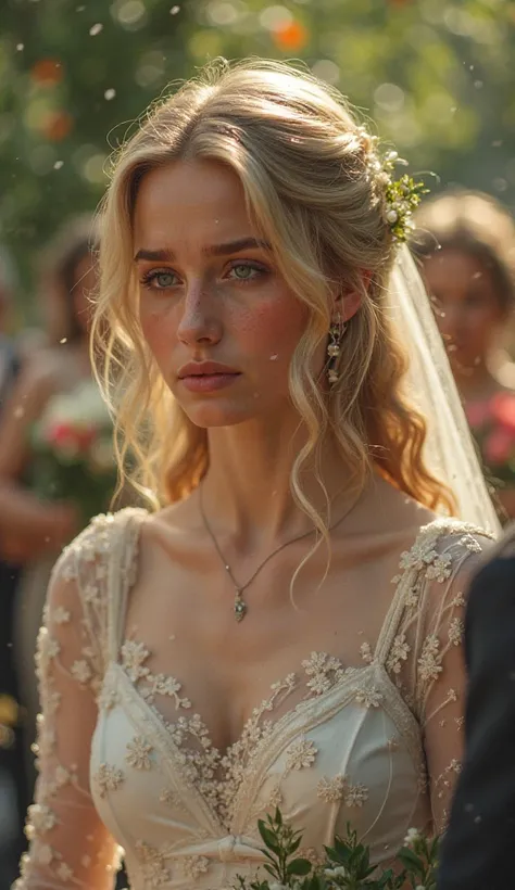 A picture of a 16-year-old blonde bride crying at a wedding party in a garden with tears in her eyes and her dress covers her neck and arms