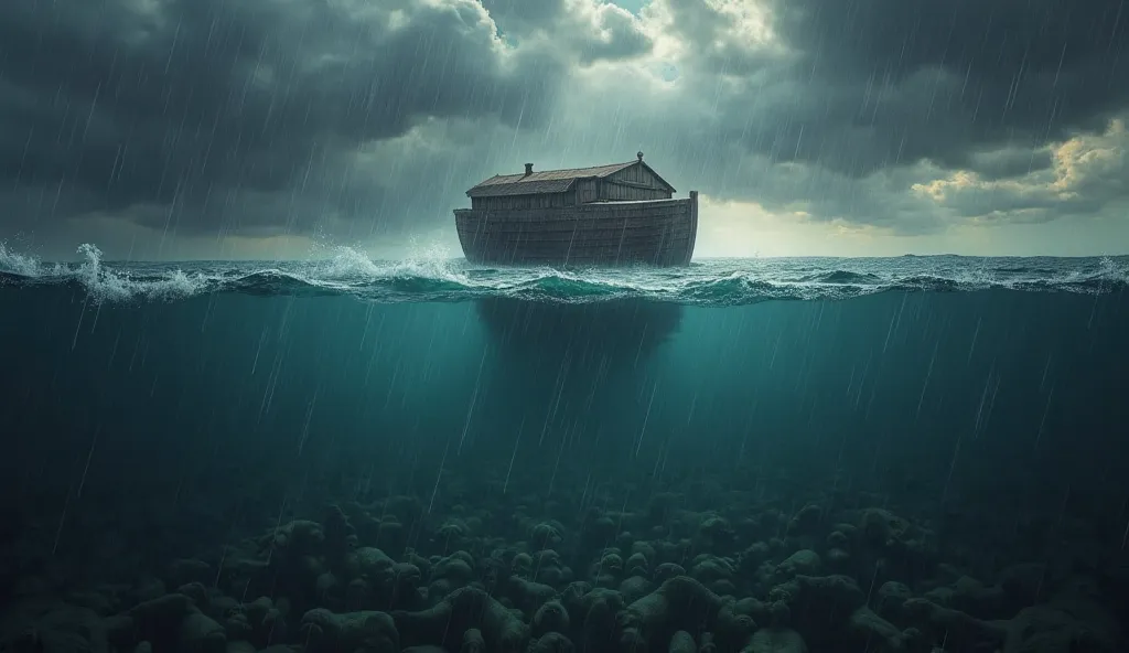 An image that represents the consequences of the Great Flood, as described in Genesis 7. All the Earth is submerged under dark and stormy waters, and only the ark floats above the vast destruction. Beneath the surface, you can see faint outlines of animals...