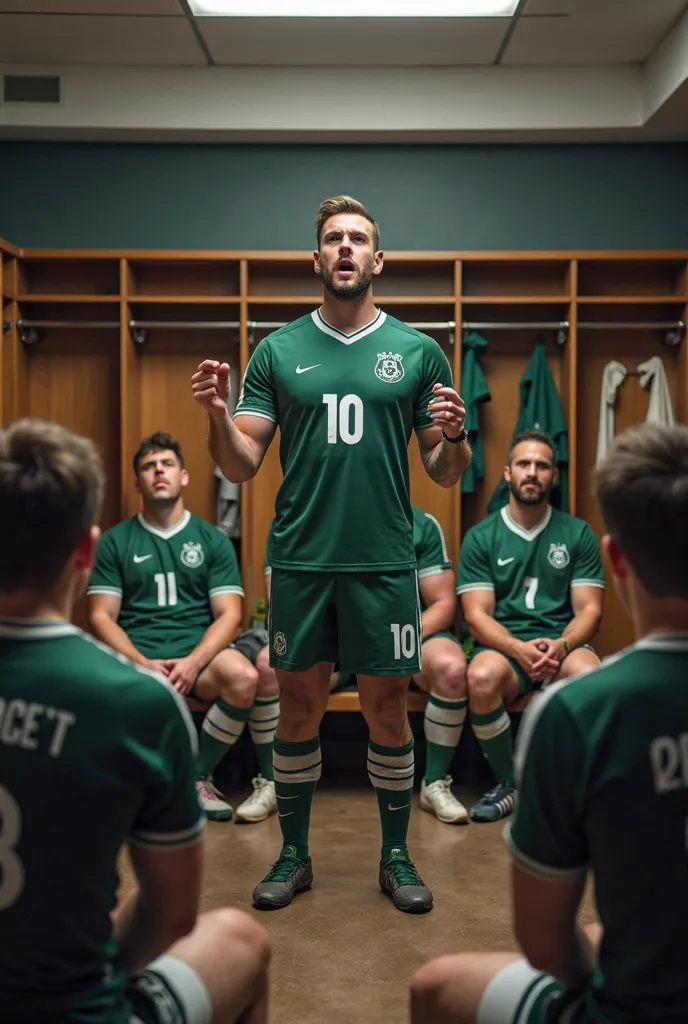 The number 10 of the team, a charismatic player respected by everyone, stands up in the heart of the locker room. The nine teammates are seated, some with their hands on their knees, others with their eyes fixed on the ground, but all silent and focused. T...