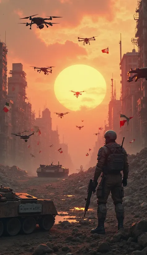 A futuristic battlefield with cyber warfare elements—drones, AI-controlled tanks, robotic soldiers in the distance. A war-torn cityscape with a glowing sunset in the background, symbolizing an uncertain future. Various national flags tattered and flying in...