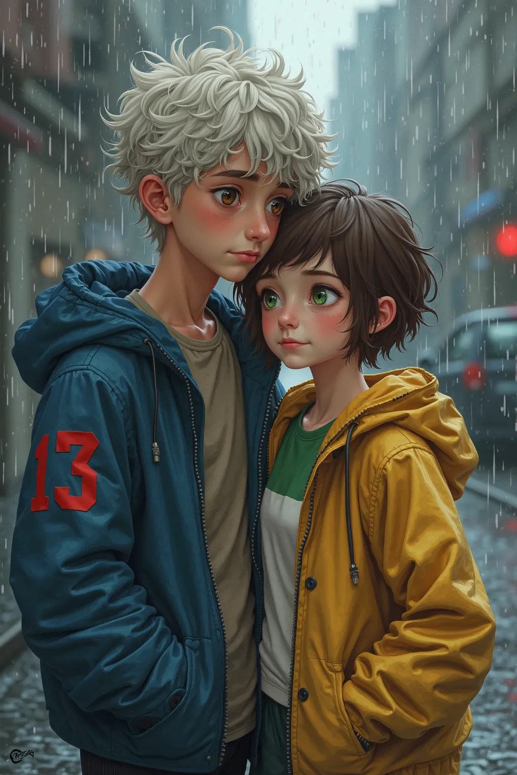 A te en age boy with slightly curly white hair and tired brown eyes hugs a age girl with a brown pixie cut and green eyes. She looks happy. He looks serious and tired. It is raining. He is wearing a blue jacket with a red "13" On . She is wearing a yellow ...