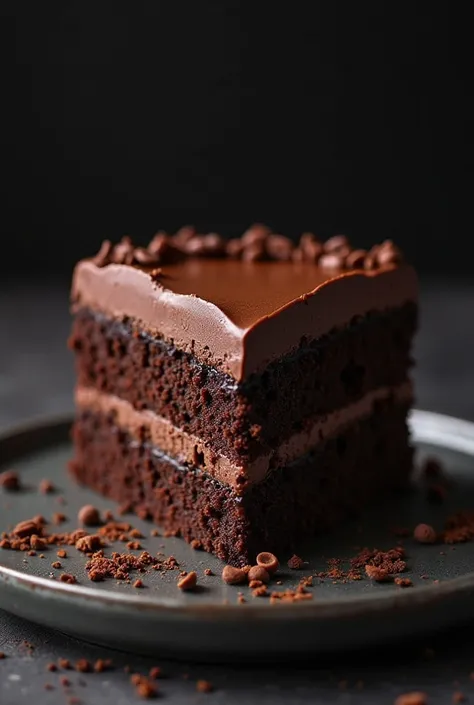 cinematic film still chocolate, chocolate cake, dark background, quality photo, moist texture, frosting, studio photo, slice . shallow depth of field, vignette, highly detailed, high budget, bokeh, cinemascope, moody, epic, gorgeous, film grain, grainy