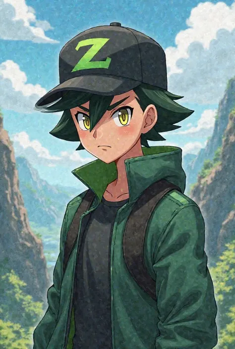 A Pokemon trainer with yellow eyes,a black cap with a green z printed or a green or black jacket 