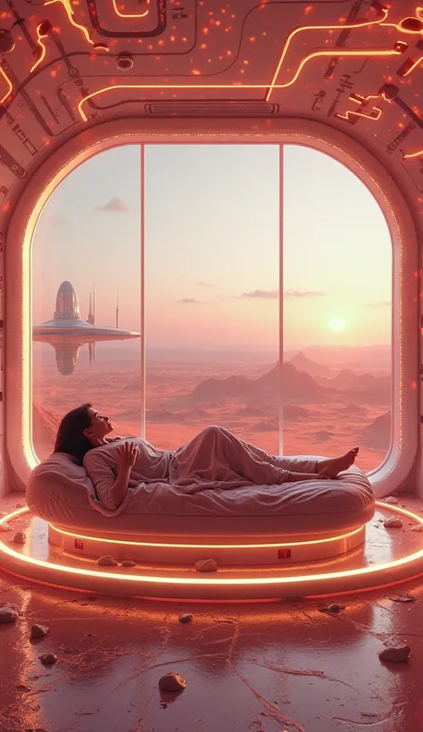 I lie on a gravity-defying bed in my futuristic Martian suite, panoramic windows reveal crimson deserts and distant floating structures, neon-lit walls pulsate with shifting patterns, surreal style