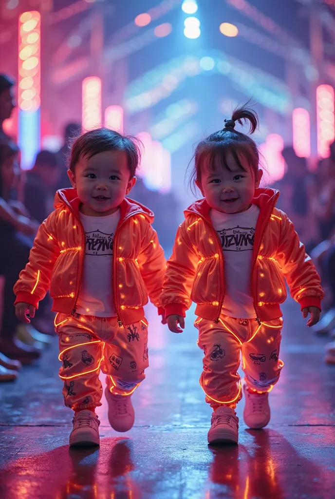 8K Ultra Quality - Two chubby babies cute face in funky neon outfits, walking on a pop music-themed runway, with glowing LED effects.