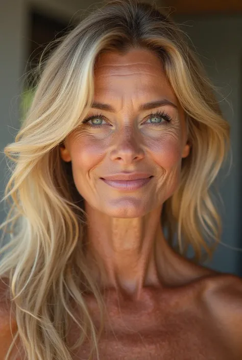 Beautiful blonde American woman tanned 50 years old