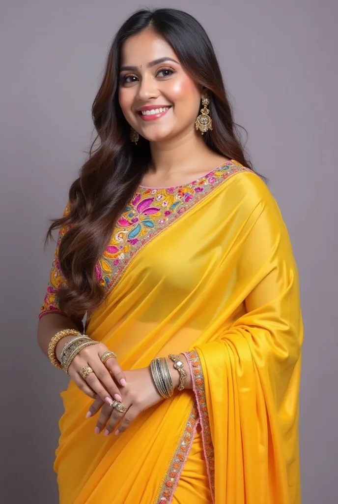 A Pakistani curvy body shape beautiful woman, likely of South Asian ethnicity, is centrally positioned in the image. She is wearing a bright yellow saree with a vibrant multicolored embroidered blouse. The embroidery on the blouse features intricate floral...