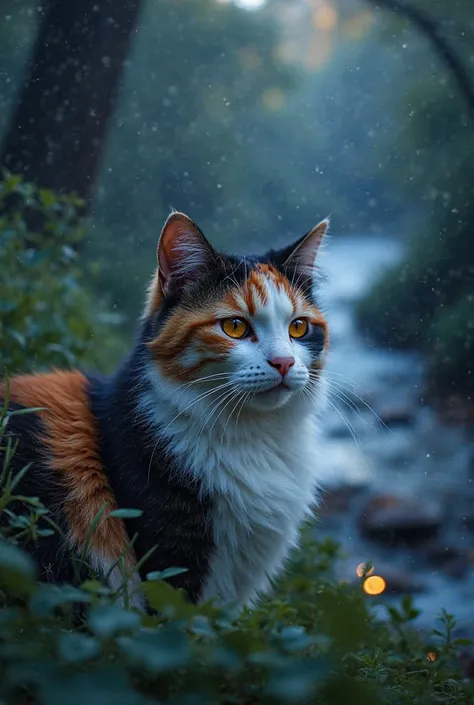 Un beau chat de taille adulte au poil mi-long tricolore, roux blanc et noir et aux yeux oranges flamboyant qui se tient dans une magnifique forêt lumineuse, assis sur l’herbe avec a côté de lui une magnifique rivière en pleine nuit étoilée magnifique 