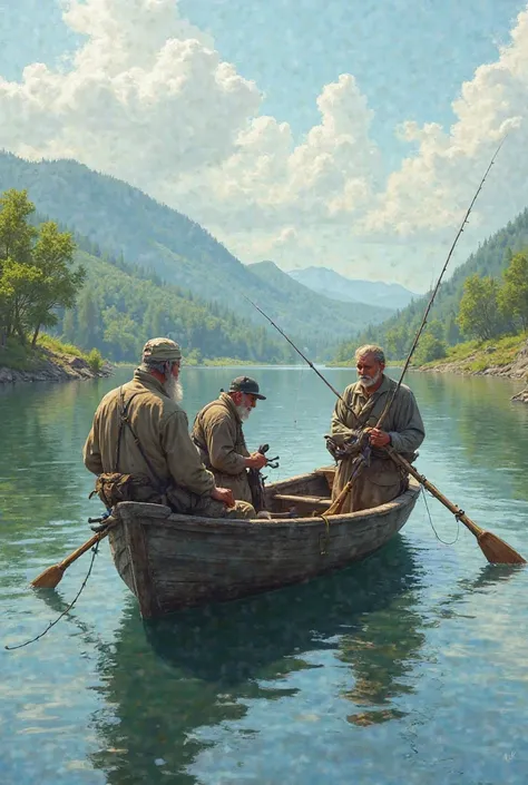 Three fishermen fishing in a boat